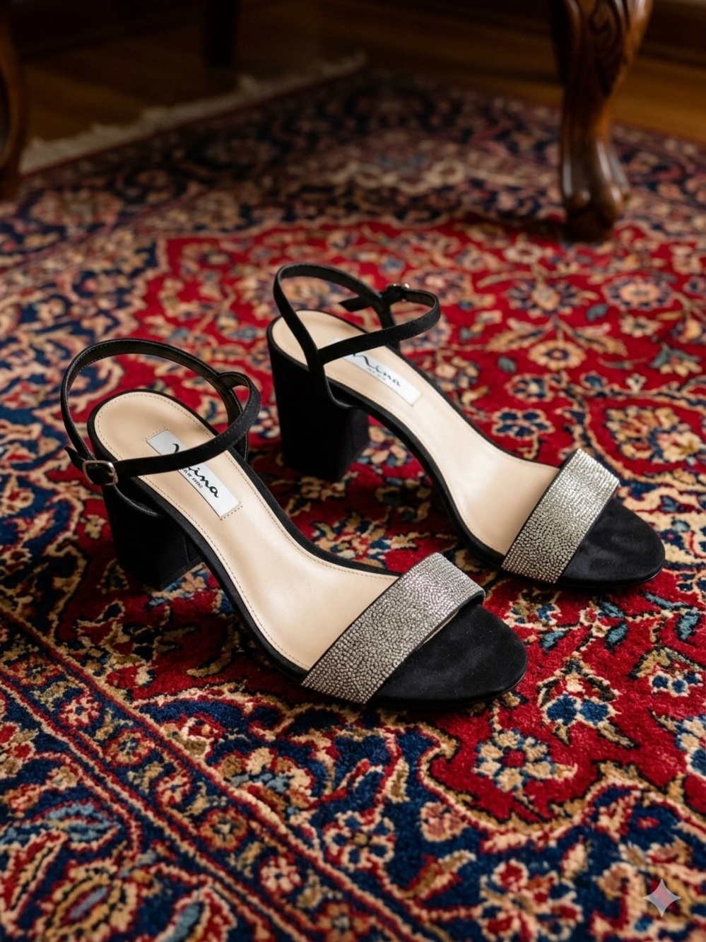 Nina Black Suede Block Heel Sandals with Silver Metallic Front Strap